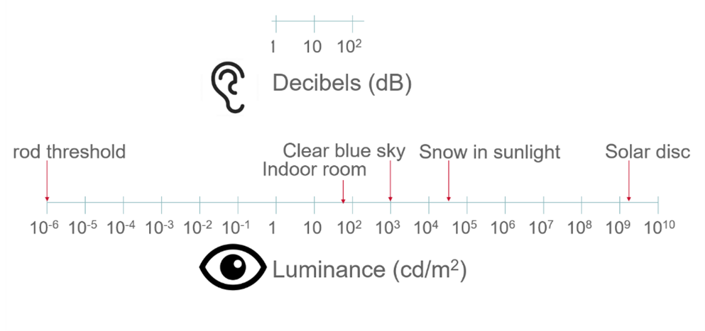 Figure 1: Range of sound levels ears can tolerate compared to range of light intensities eyes are exposed to. (Adapted with permission from Dr Trusit Dave)